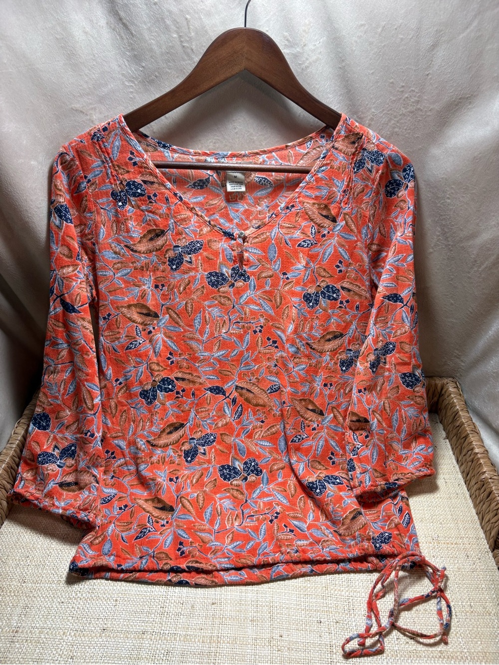Summer Sale Lucky Brand 100% Cotton Floral Peasant Top Medium Boho 3/4 Sleeve